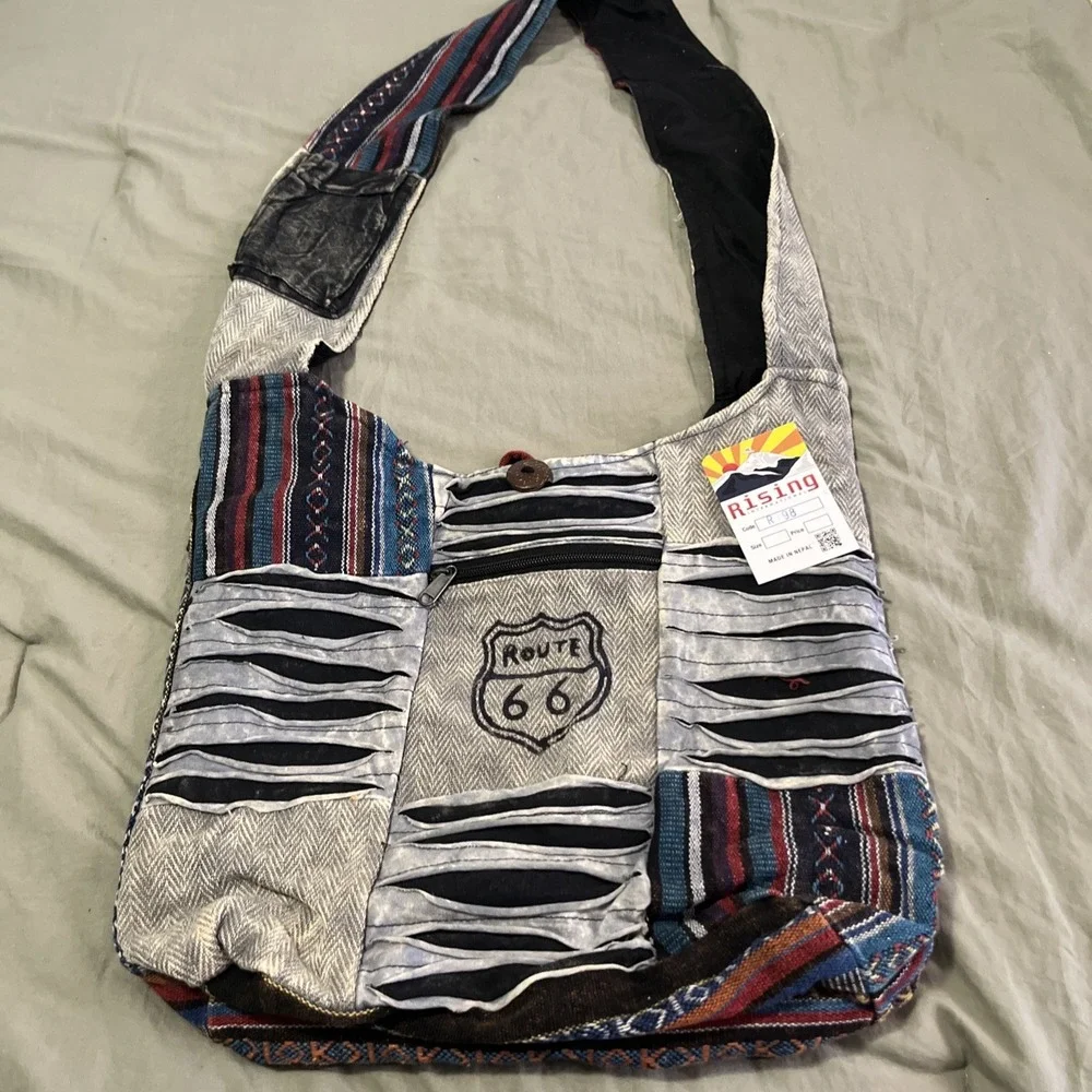 ROUTE 66 RISING INTER Boho Bag FAIR TRADE Nepal THREE OUTSIDE POCKETS